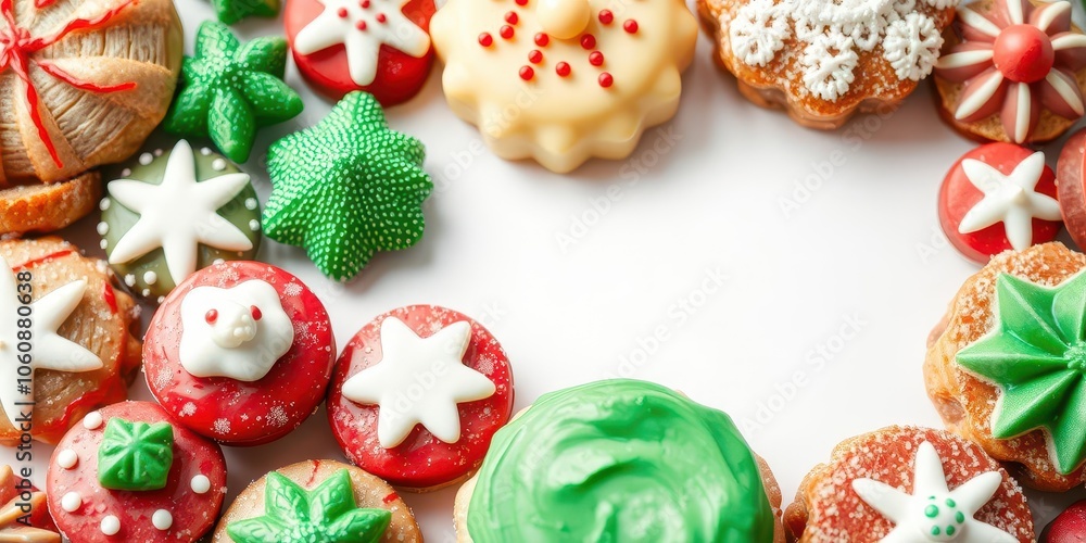 A festive collection of delicious Christmas cakes in various shapes and sizes, red, confectionery, bakery A festive collection of delicious Christmas cakes in various shapes and sizes, red, confectionery, bakery