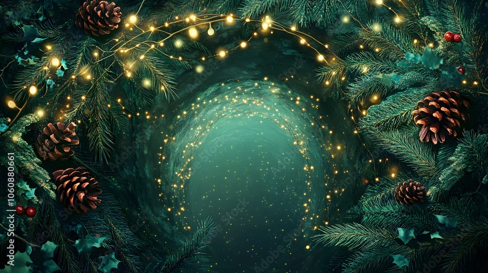 Christmas magic: Twinkling lights, pine cones, and emerald boughs create a festive, enchanting tunnel. Christmas magic: Twinkling lights, pine cones, and emerald boughs create a festive, enchanting tunnel.