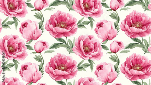 Seamless pattern featuring hand drawn watercolor pink peony flowers in a vintage style for elegant design projects