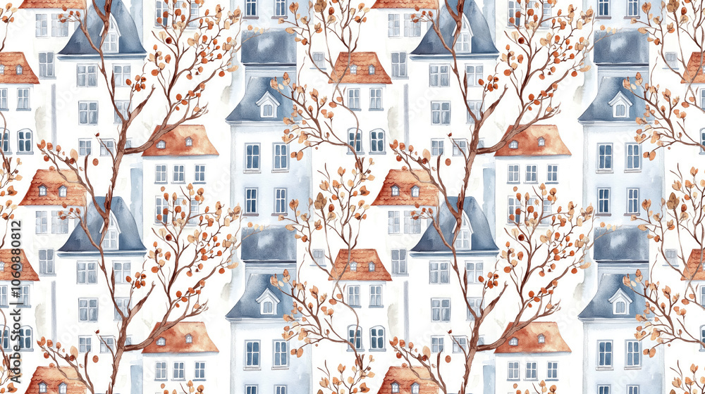 Obraz premium Seamless watercolor pattern of old European town street facades adorned with dry vines and berries perfect for travel themed designs