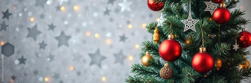 A festive holiday background with glittery ornaments, snowflakes, and a glowing Christmas tree, festive, silver, glowing A festive holiday background with glittery ornaments, snowflakes, and a glowing Christmas tree, festive, silver, glowing