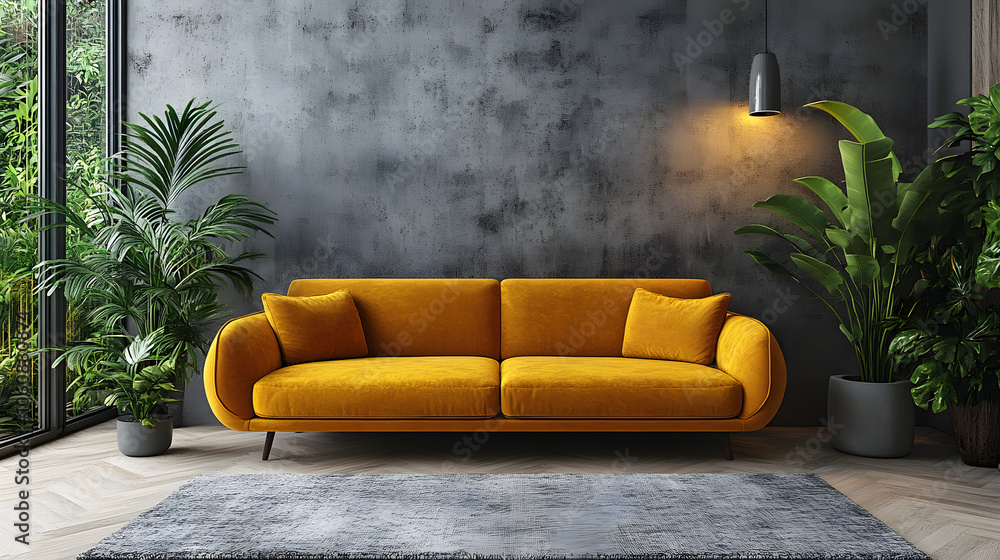 Fototapeta premium Modern Elegance: Yellow Sofa in a Contemporary Greenery-Filled Living Space
