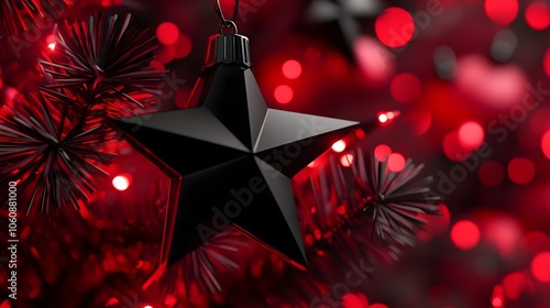 Glowing Black Star Christmas Ornament on Red Lit Tree. Festive, elegant, dark Christmas magic! photo