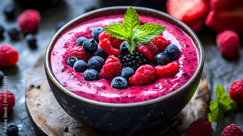 A vibrant berry smoothie bowl topped with strawberries, blueberries, raspberries, and a sprig of mint, creating a fresh and healthy breakfast option A vibrant berry smoothie bowl topped with strawberries, blueberries, raspberries, and a sprig of mint, creating a fresh and healthy breakfast option