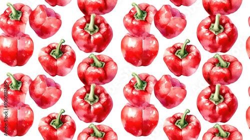 Watercolor illustration of a red bell pepper with cross section seamless pattern design