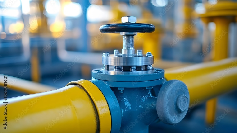 Industrial Valve Close-up: Precision Engineering in Fuel Processing. A detailed view of a refinery valve, showcasing intricate mechanisms. Industrial Valve Close-up: Precision Engineering in Fuel Processing. A detailed view of a refinery valve, showcasing intricate mechanisms.
