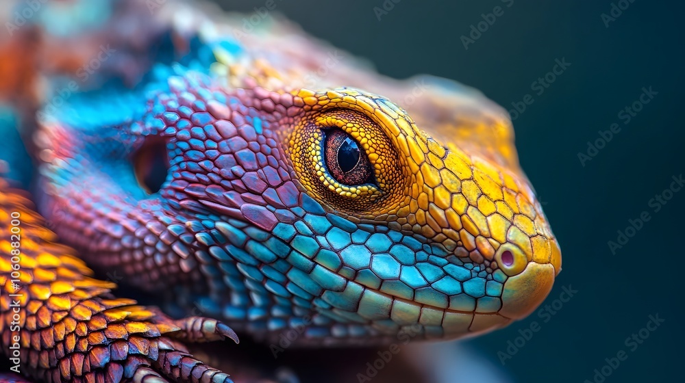Fototapeta premium Close-up of a vibrant lizard, showcasing its intricate scales and mesmerizing eye. A spectacle of nature's artistry!
