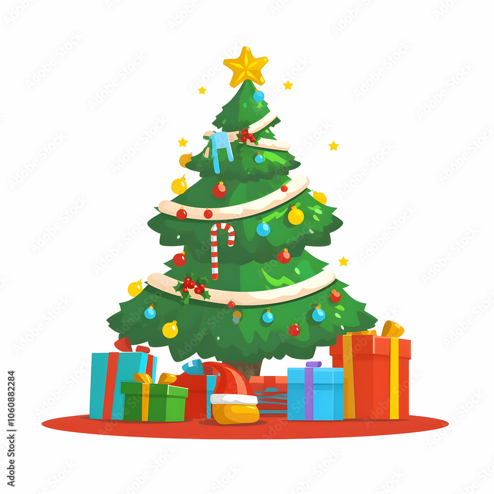 A festive Christmas tree adorned with decorations and surrounded by colorful presents. A festive Christmas tree adorned with decorations and surrounded by colorful presents.