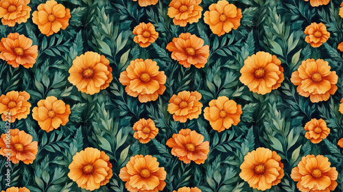 Seamless watercolor pattern featuring vibrant marigold flowers and lush leaves perfect for fabric design or home decor