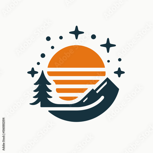 sun logo design and a mountain flat icon vector with stars around