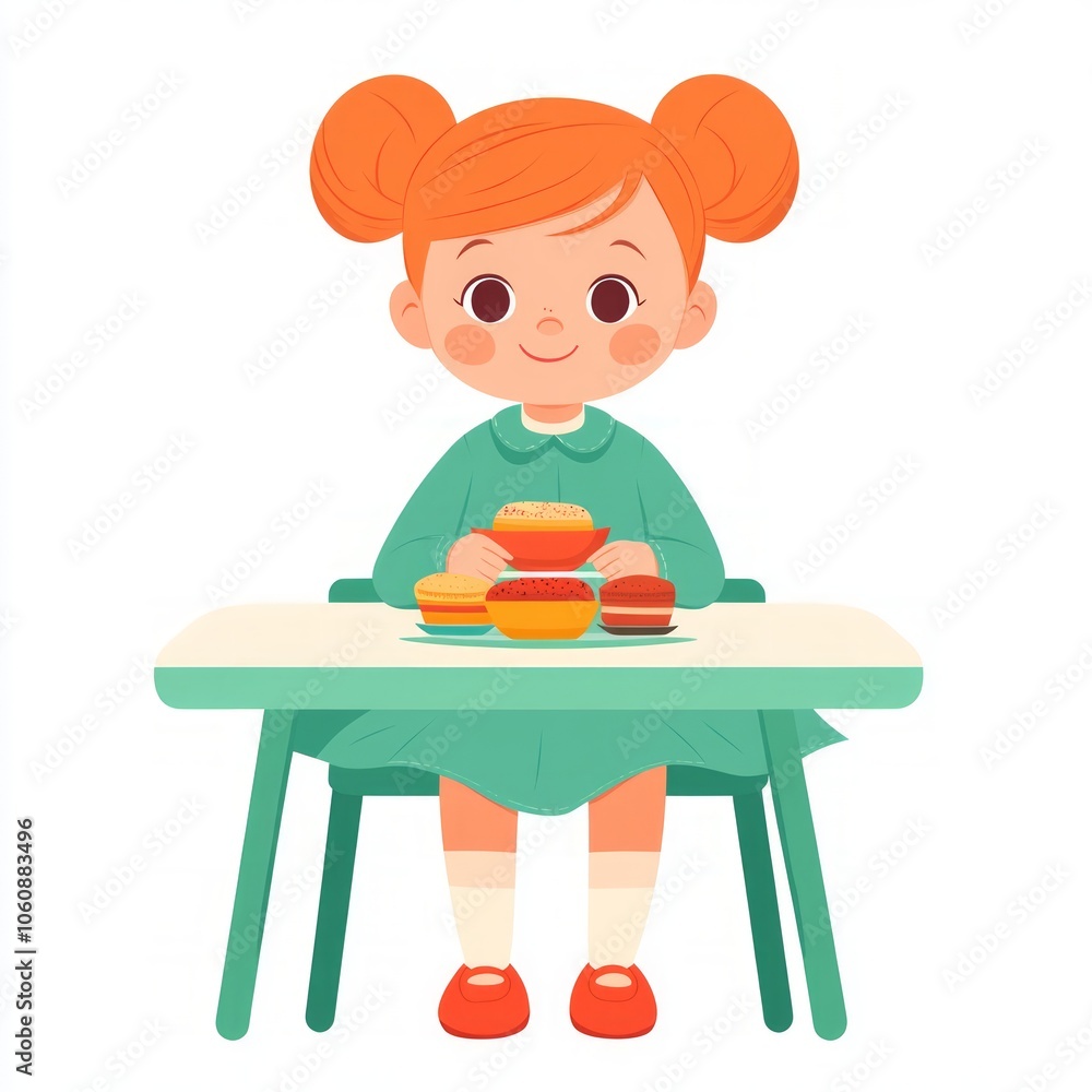 A young girl sits at a table with a cup of tea and macarons. A young girl sits at a table with a cup of tea and macarons.