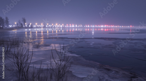 Wallpaper Mural Frozen Lake with Holiday Reflections - A lake partially frozen with festive lights reflecting on the water, blending natural beauty and holiday spirit Torontodigital.ca