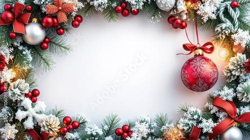 Christmas border with coniferous branches and glowing lights, festive, ornament, winter