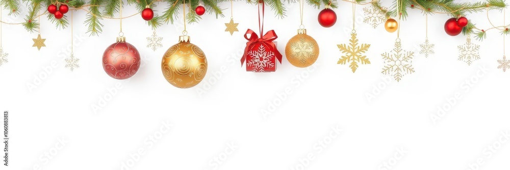 Christmas elements such as ornaments, presents, and snowflakes hanging in gold on an isolated white background, festive, elements, isolated Christmas elements such as ornaments, presents, and snowflakes hanging in gold on an isolated white background, festive, elements, isolated