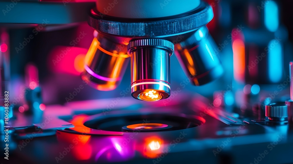 Microscope lenses glow vibrantly, illuminating the path to scientific discovery. A captivating view into the world of cellular research. Microscope lenses glow vibrantly, illuminating the path to scientific discovery. A captivating view into the world of cellular research.