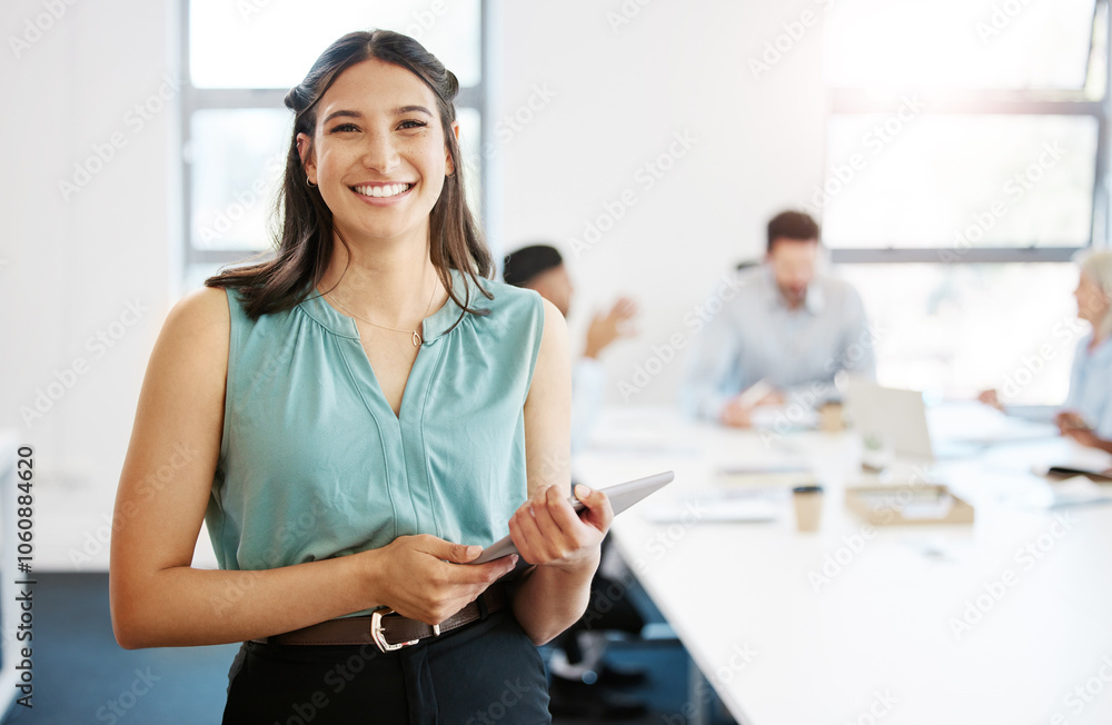 Confidence, meeting and portrait of woman with tablet for schedule, report or research for business planning. Office agenda, smile and businesswoman in office with digital app for project management Confidence, meeting and portrait of woman with tablet for schedule, report or research for business planning. Office agenda, smile and businesswoman in office with digital app for project management