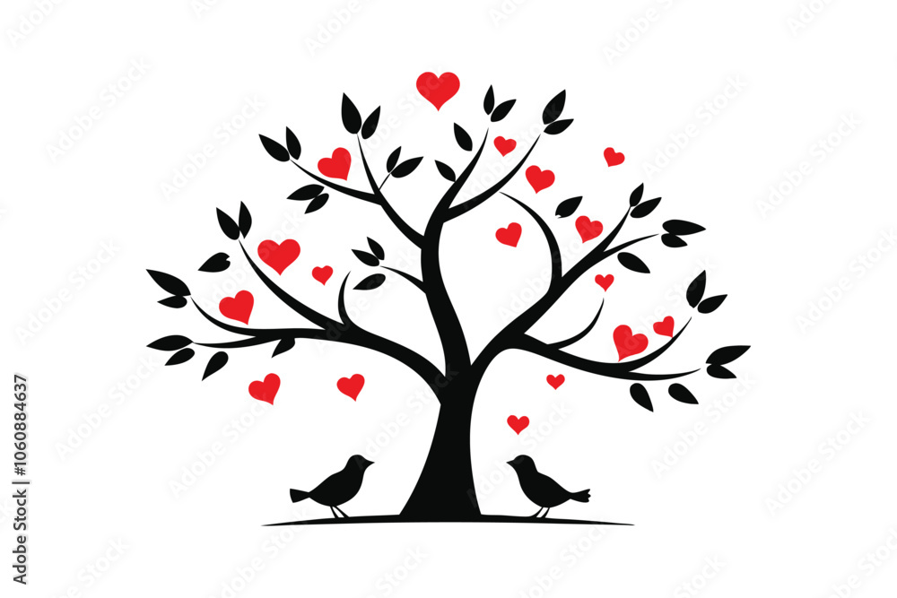 Fototapeta premium Kissing Lovebirds on Heart Tree - Cute Valentine Vector Illustration for Romantic Decor, Nature Art & Affectionate Symbols