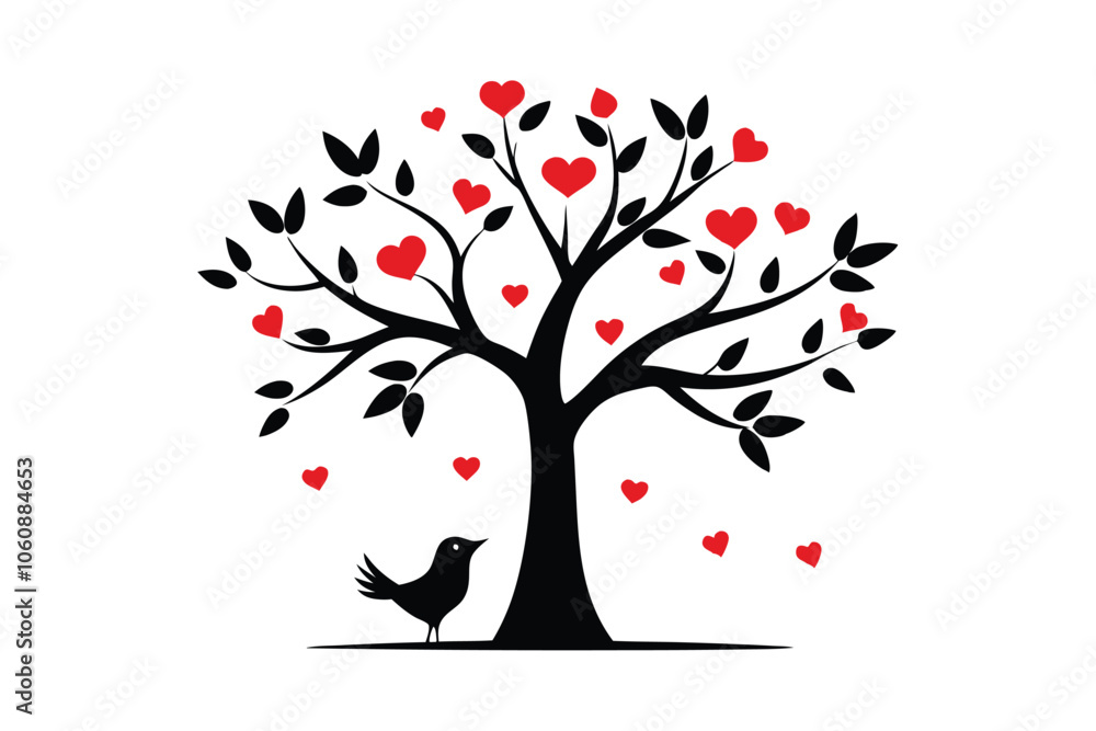Fototapeta premium Kissing Lovebirds on Heart Tree - Cute Valentine Vector Illustration for Romantic Decor, Nature Art & Affectionate Symbols