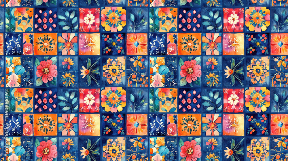 Vibrant seamless pattern featuring Bohemian style elements with colorful watercolor tiles and intricate Chinese ornaments perfect for fabric design and home decor Vibrant seamless pattern featuring Bohemian style elements with colorful watercolor tiles and intricate Chinese ornaments perfect for fabric design and home decor