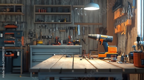 Electric Drill on Wooden Workbench in Workshop Interior – Essential Tool for Carpentry and DIY Projects