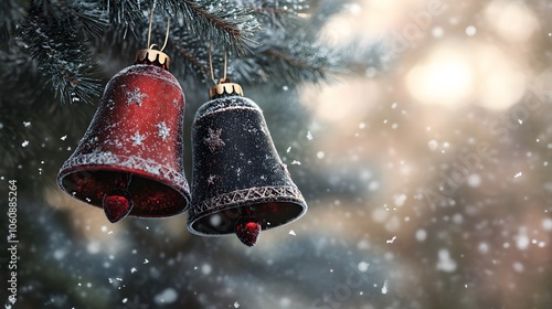Snow-kissed red and black bells jingle merrily on a frosty winter's day, creating a festive scene.