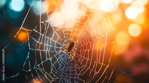 Sunrise Dewdrop Spiderweb: A tiny spider patiently waits in its glistening web, bathed in the warm glow of the morning sun.