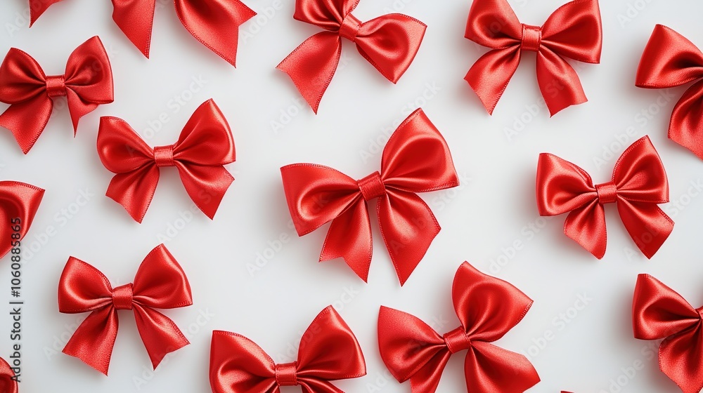 A collection of shiny red satin ribbon bows spread out on a plain white backdrop, highlighting their glossy finish and intricate folds, perfect for festive and decorative themes A collection of shiny red satin ribbon bows spread out on a plain white backdrop, highlighting their glossy finish and intricate folds, perfect for festive and decorative themes