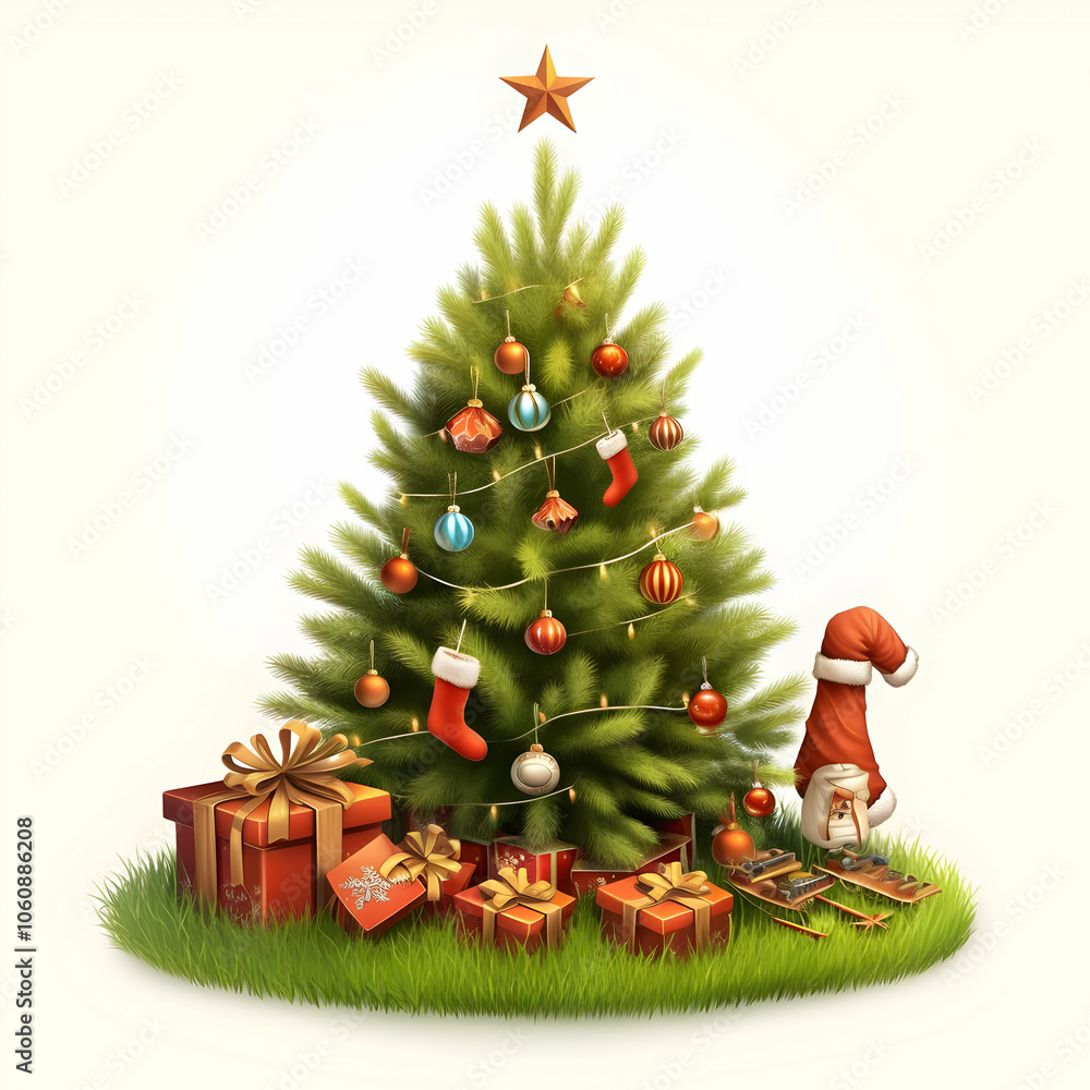 A festive Christmas tree adorned with ornaments, gifts, and a Santa figure. A festive Christmas tree adorned with ornaments, gifts, and a Santa figure.