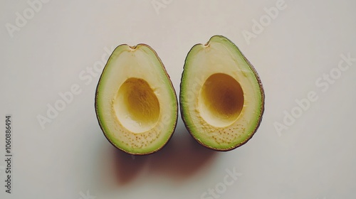 A close-up shot of an avocado cut in half, revealing the vibrant green interior and smooth texture, alongside the whole fruit on a stark white backdrop, highlighting its distinctive shape and oiliness photo