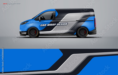 van wrap design for universal medium van, with a touch of Abstract simple racing Graphics in white, black and blue with background. Vector eps print ready printable file.