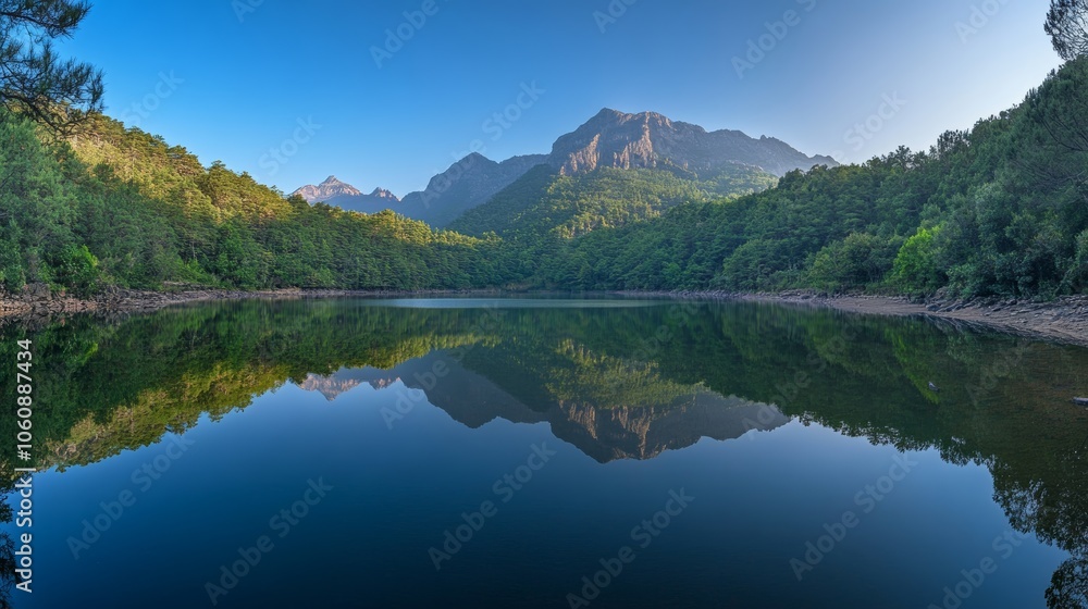 Calm Lake Surrounded by Forest at Dawn Calm Lake Surrounded by Forest at Dawn