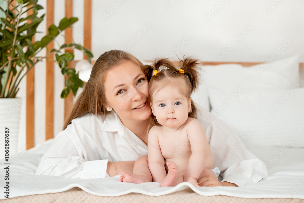 a mother with a baby daughter, a mother gently hugs her baby girl kissing, maternal love and care, a happy family with a baby on the bed at home in the bedroom. a mother with a baby daughter, a mother gently hugs her baby girl kissing, maternal love and care, a happy family with a baby on the bed at home in the bedroom.