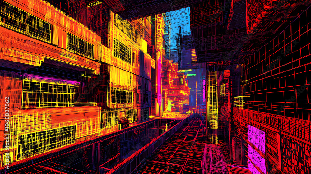 Obraz premium An intricate three-dimensional rendering of a dark, moody cyberpunk city street in the future. Neon Blade City. Illustration