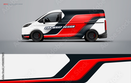 Sporty van wrap livery design for universal medium, Abstract racing graphics with red black and white colors. van vector eps10 ready print printable file