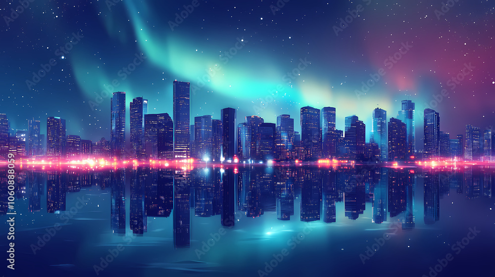 Aurora borealis over a city skyline, with the lights contrasting against the urban landscape and night lights. Aurora Borealis Reflection. Illustration Aurora borealis over a city skyline, with the lights contrasting against the urban landscape and night lights. Aurora Borealis Reflection. Illustration