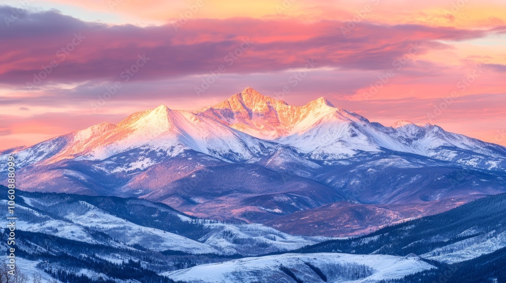 Snowy Mountain Peaks at Sunrise with Pink Hues Snowy Mountain Peaks at Sunrise with Pink Hues