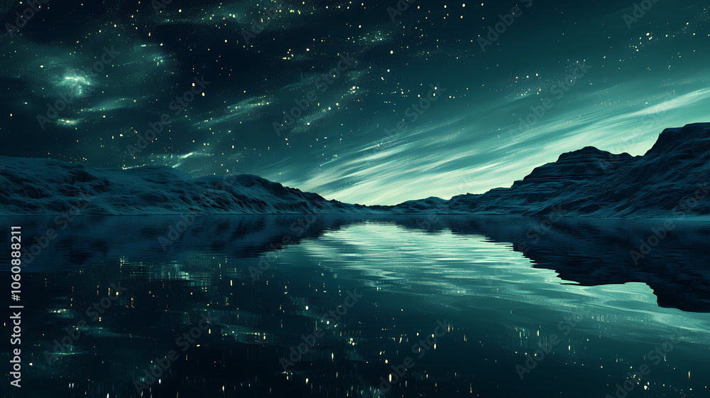Aurora borealis reflected on a tranquil lake at night. Aurora Borealis Reflection. Illustration Aurora borealis reflected on a tranquil lake at night. Aurora Borealis Reflection. Illustration