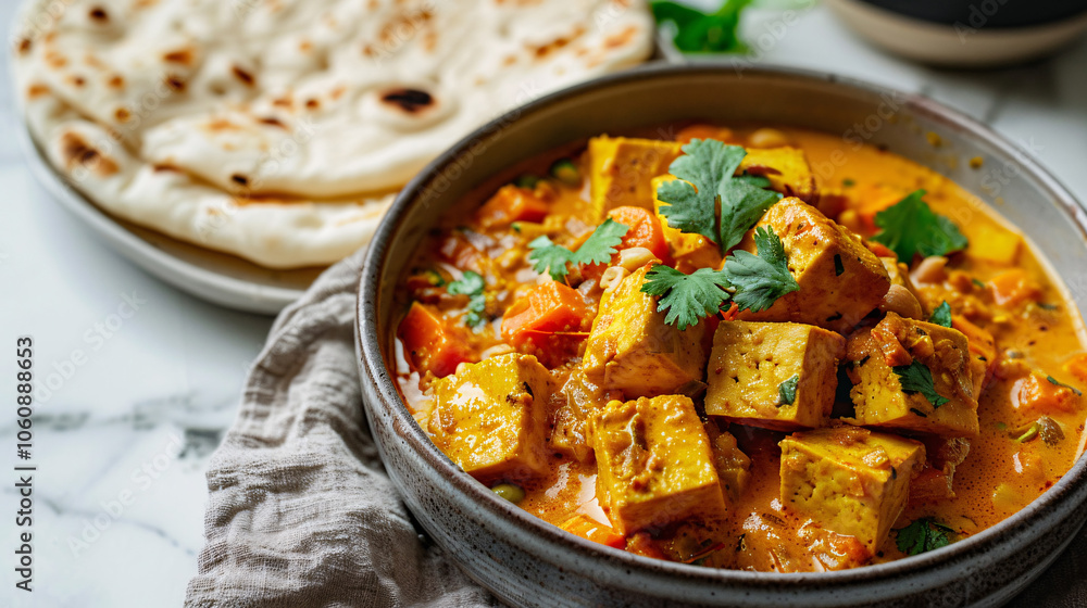 A hearty vegetarian tofu curry garnished with cilantro, served in a bowl with a side of fresh naan bread, showcasing rich flavors and textures A hearty vegetarian tofu curry garnished with cilantro, served in a bowl with a side of fresh naan bread, showcasing rich flavors and textures