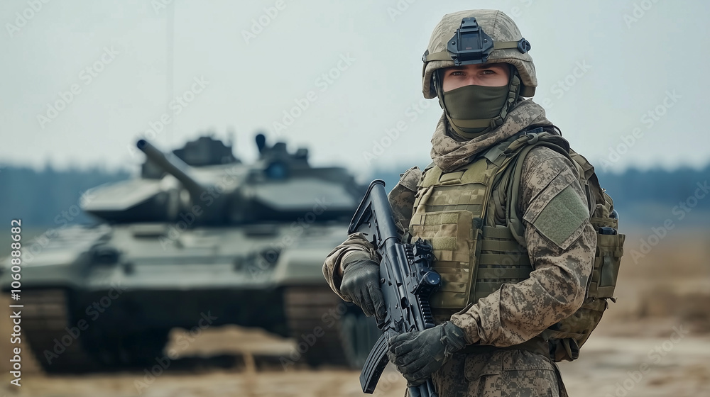 A military infantry soldier in tactical gear and a helmet holds a rifle in front of a tank in a field. teamwork, readiness for combat. copy space A military infantry soldier in tactical gear and a helmet holds a rifle in front of a tank in a field. teamwork, readiness for combat. copy space