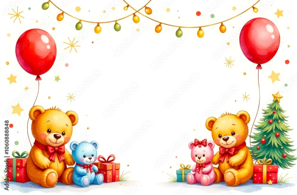 Frame with Children's Toys, teddy bear and balloons, white background. Watercolors style. Christmas tree, gift boxes, decoration. Banner or Card with Empty Space for your text Frame with Children's Toys, teddy bear and balloons, white background. Watercolors style. Christmas tree, gift boxes, decoration. Banner or Card with Empty Space for your text