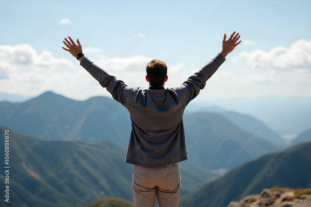A man with his arms raised on top of a mountain A man with his arms raised on top of a mountain