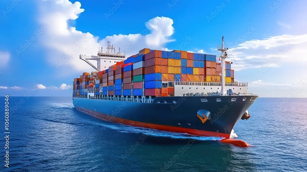 Fototapeta premium Massive electric cargo ship, robot cranes handling cargo efficiently