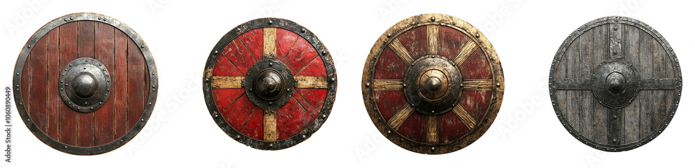 Four Old Viking Wooden Round Shields Isolated on White Background Medieval Protection Armor Battle History Antique Weapon Wooden Metal Red Nordic Scandinavian Four Old Viking Wooden Round Shields Isolated on White Background Medieval Protection Armor Battle History Antique Weapon Wooden Metal Red Nordic Scandinavian