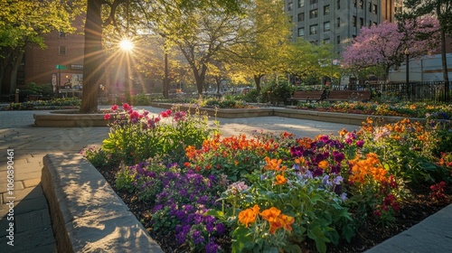 Colorful Flower Beds in a Sunlit Urban Setting