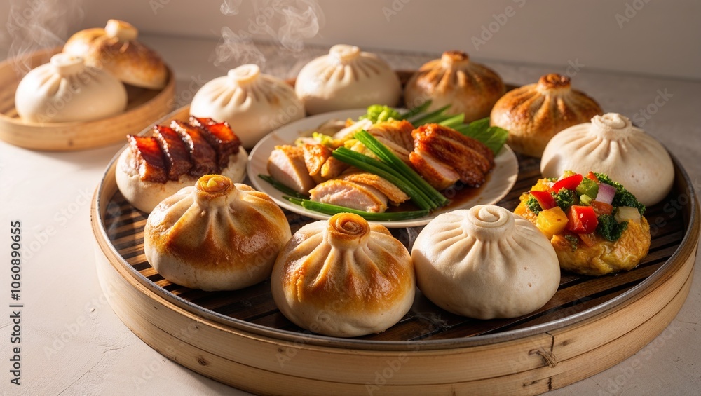 Delicious steamed bao buns with various fillings and garnishes on a bamboo steamer Delicious steamed bao buns with various fillings and garnishes on a bamboo steamer