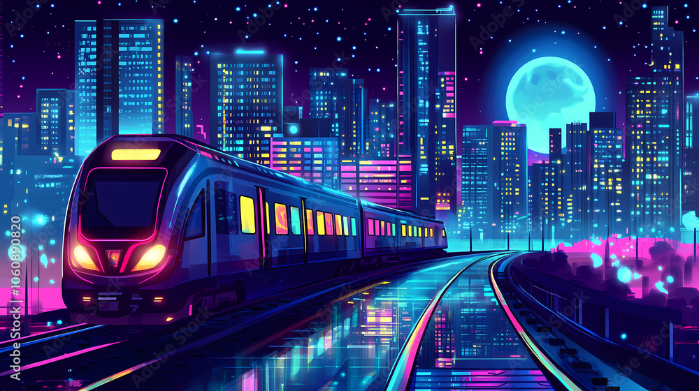 Fototapeta premium Futuristic cityscape with train at night, digital art, cityscape, train, neon lights , city , transportation. Neon Blade City. Illustration