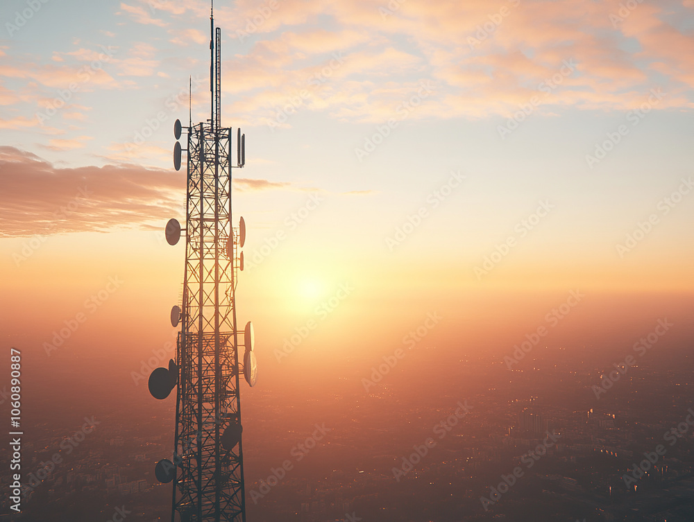 Telecommunication Tower at Sunset with Clear Sky Background Telecommunication Tower at Sunset with Clear Sky Background