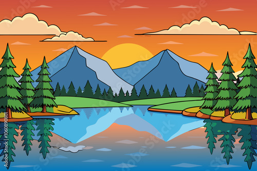 Cartoon sunset over a tranquil lake, tall pine trees reflecting on the water, and a mountain range in the background