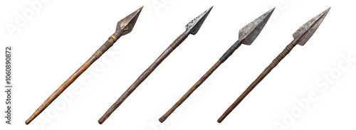 Five antique wooden spears isolated on white background ancient weapon primitive hand tools history hunting tool stick with metal spearhead prehistoric times archeology old object weapon concept