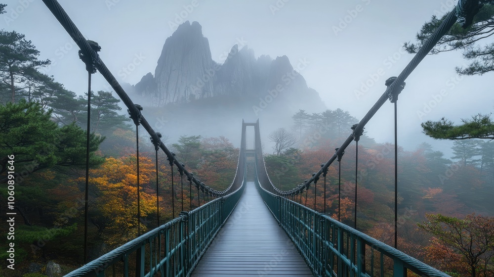 Obraz premium Scenic Suspension Bridge Over Misty Mountains
